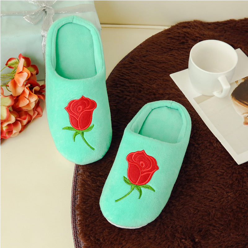 Rose Embroidered Soft Bottom Home Indoor Non Slip Cotton Slippers