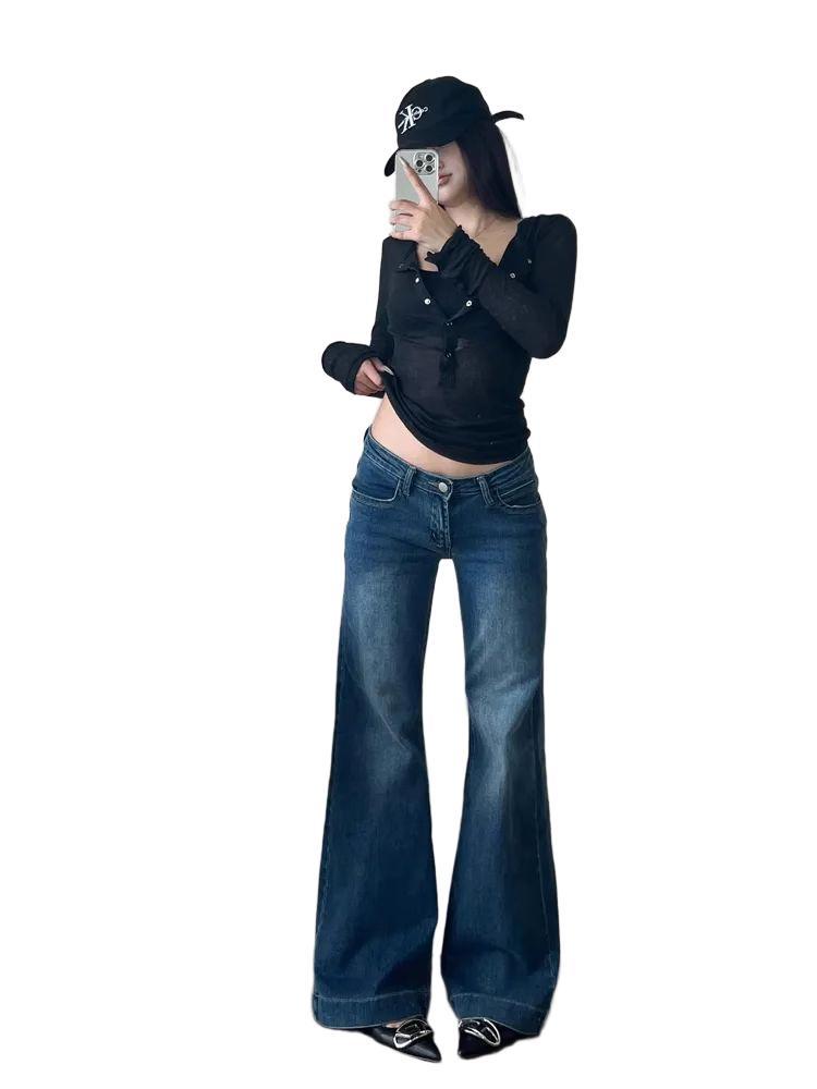 Womens American-style High-street Vintage Low-rise Bootcut Jeans