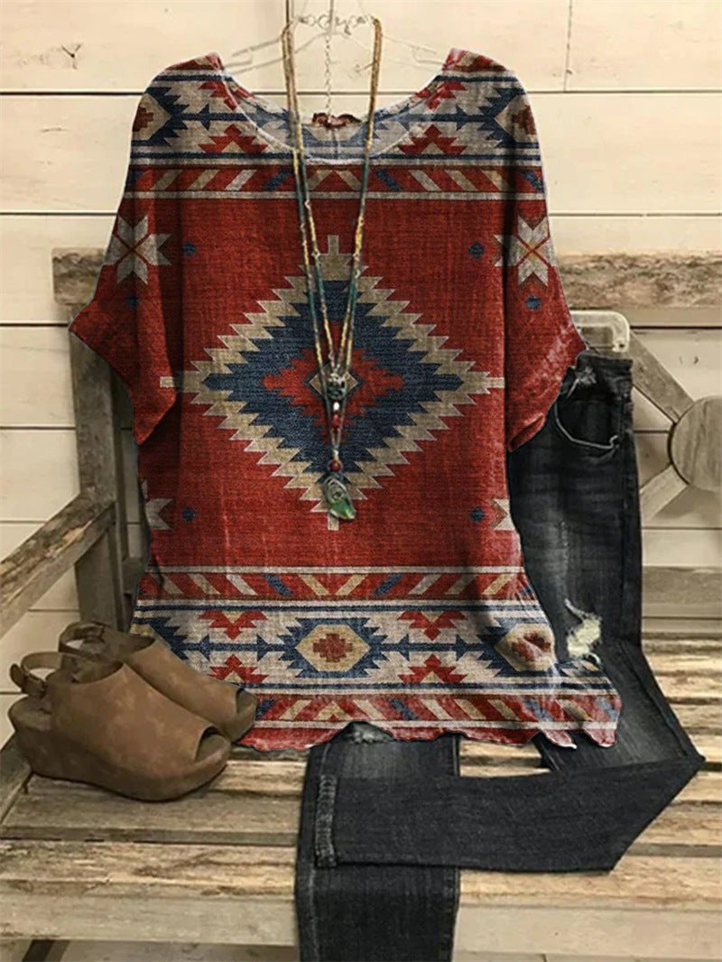 Pattern Printed Loose Short Sleeve Round Neck Shirt