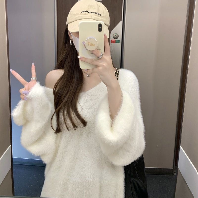 Idle Style V-neck Mink Fur Pullover Women's Mid-length Sweater