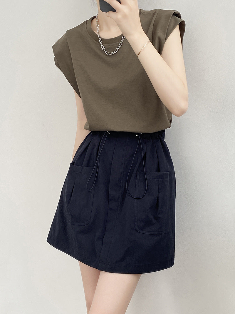 Drawstring Elastic Waist Skirt Large Workwear With Pocket Skirt