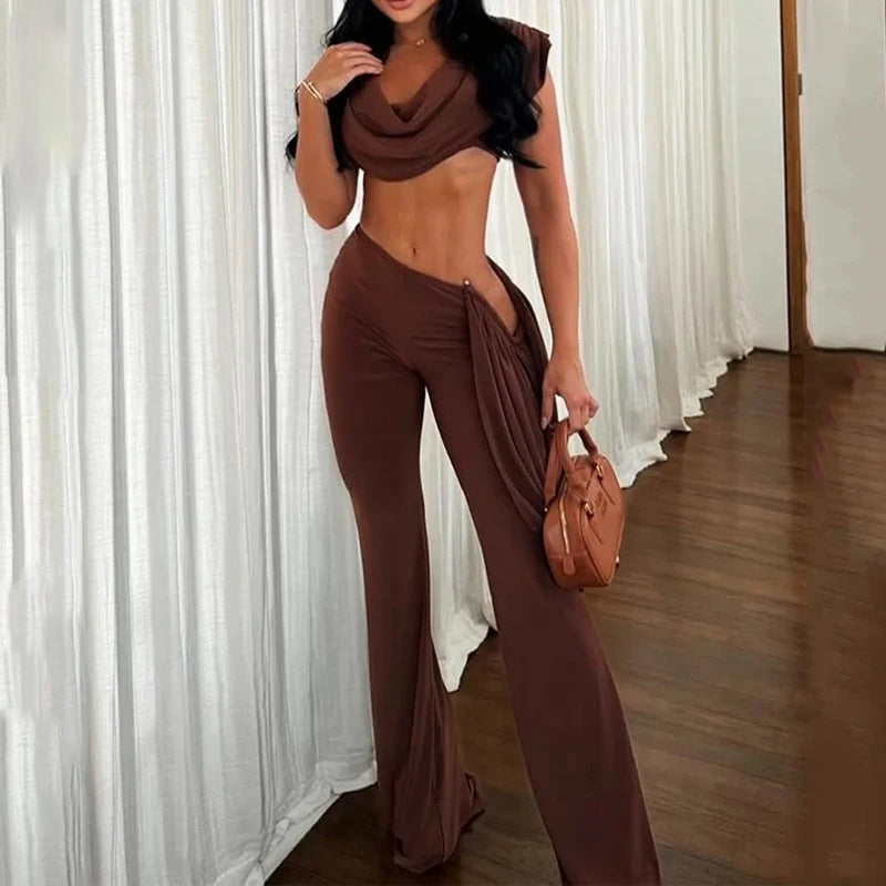 Womens Chic Pleated Irregular Wide-Leg Pants Two-Piece Set