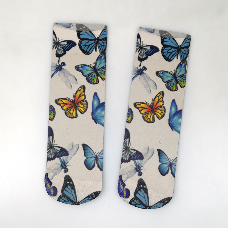 Autumn And Winter Medium Tube Stockings Elastic Retro Print Calf Socks Big Flower Pattern