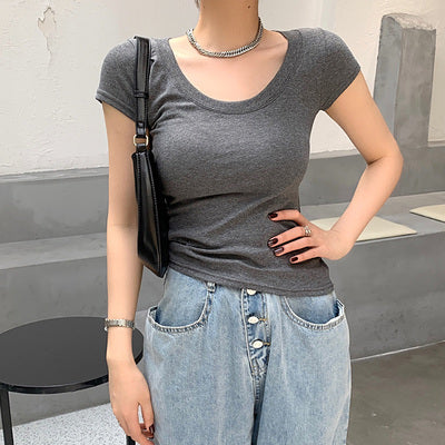 Cotton T-shirt Women's Short Sleeve Low Collar Collarbone