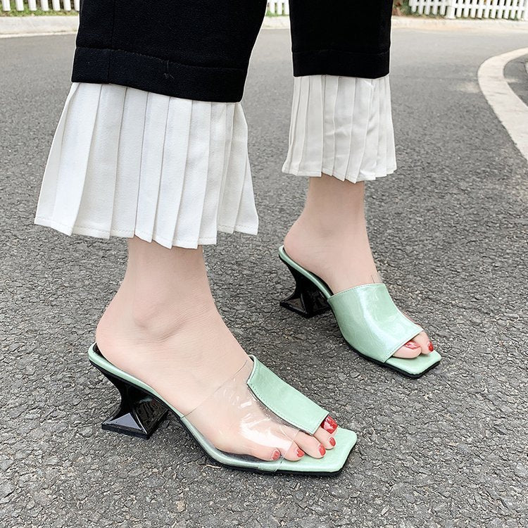 Women's Outdoor Slippers Fashionable All-matching Fairy Style Transparent Slippers Toe Chunky Heel High Heels