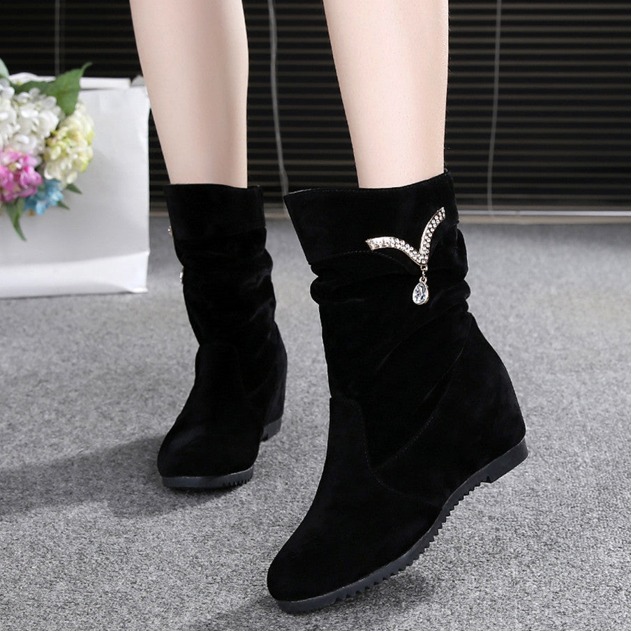 Women's Nubuck Wedge Long Suede Inner Booster Flat Tall Boots