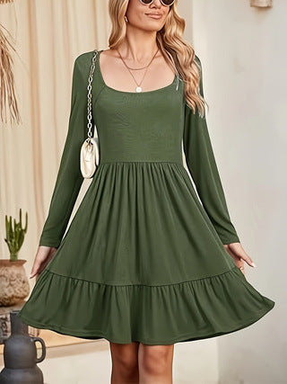 Elegant Round-Neck Pleated Solid-Colored Dress For Women