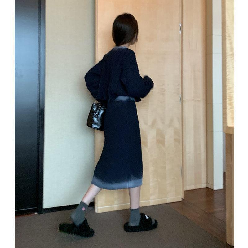 Cable-knit Sweater Split Skirt Suit