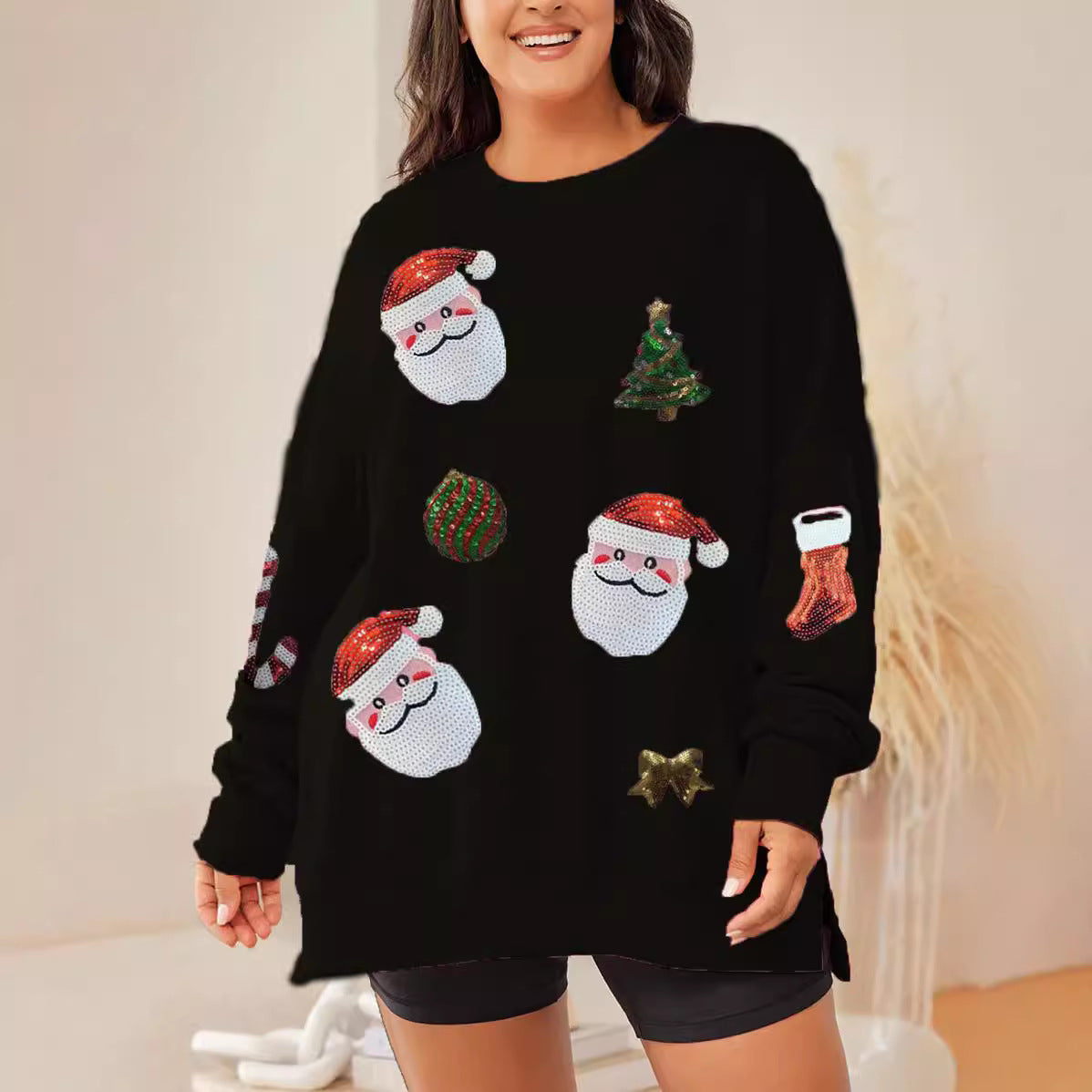 Julpaillettop top til kvinder, løs afslappet langærmet sweater