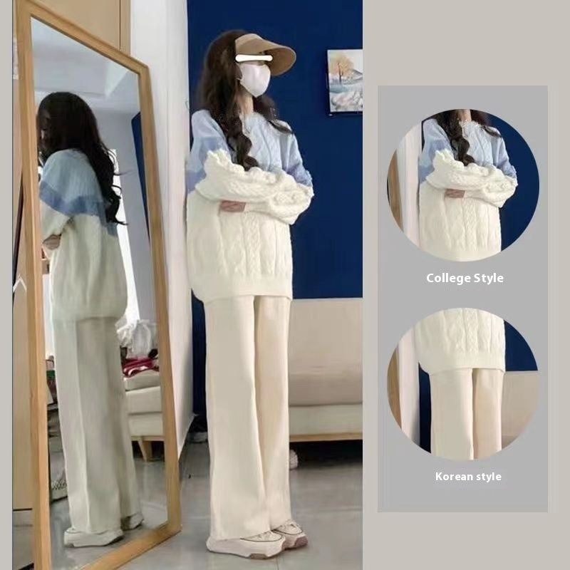 Autumn Winter Japanese Retro Lazy Style Wear Contrast Color Twist Knitted Sweater