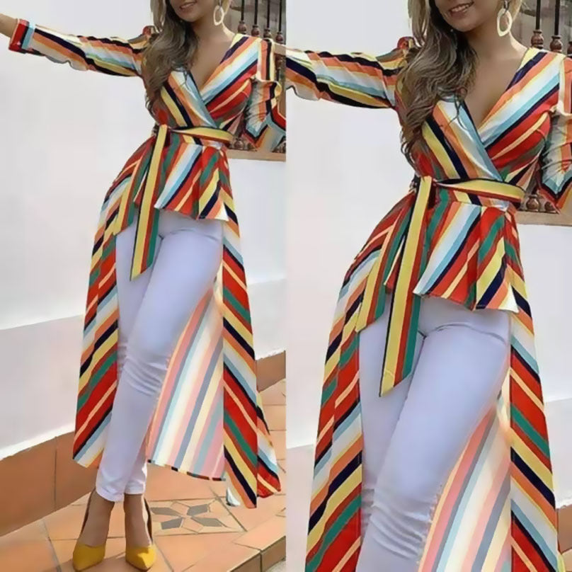 Rainbow Stripes Deep V-neck Slim-fit Front Short Back Large Coat
