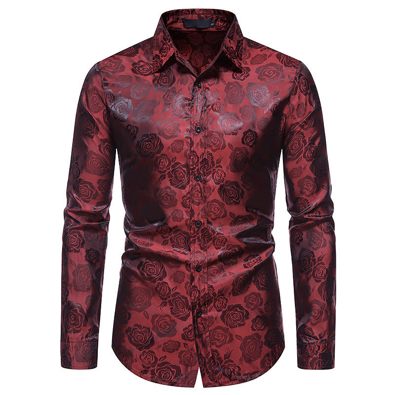 Men's Fashion Rose Print Long Sleeve Shirt