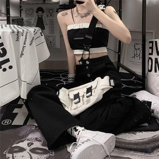Slimming High Waist One Shoulder Shoulder Strap Jeans Summer