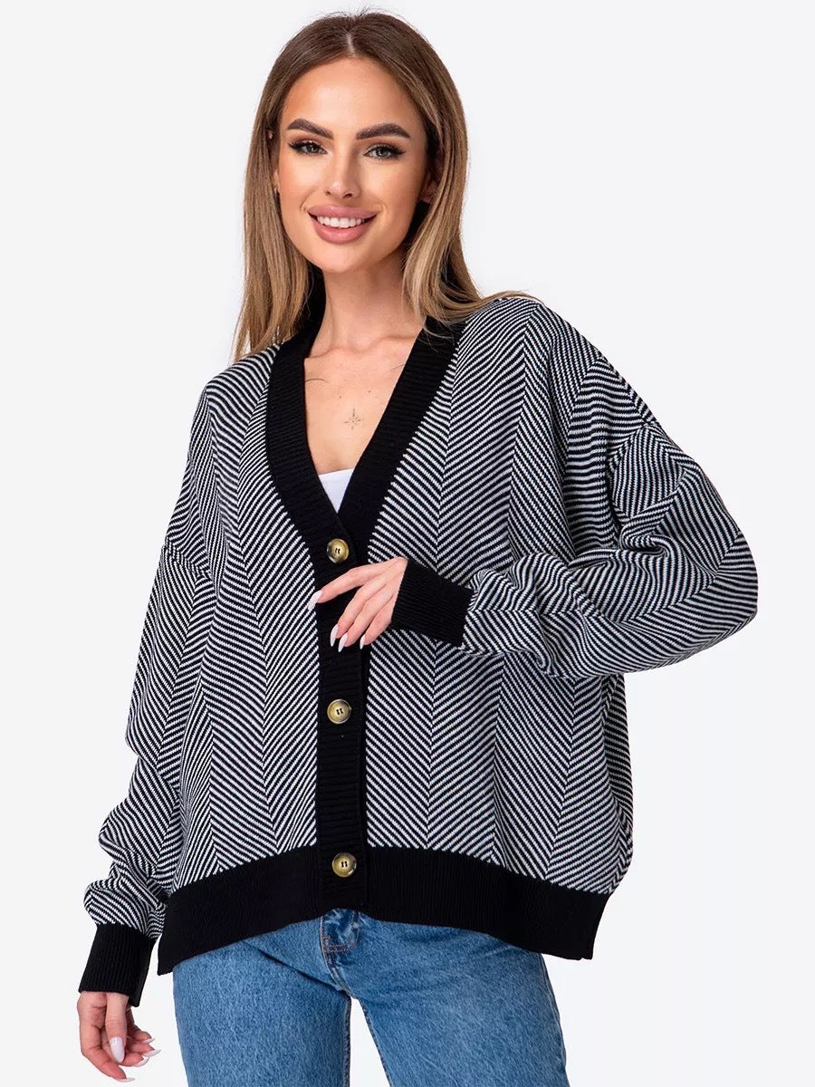 Contrast Striped Sweater Jacket, Long Sleeved Top