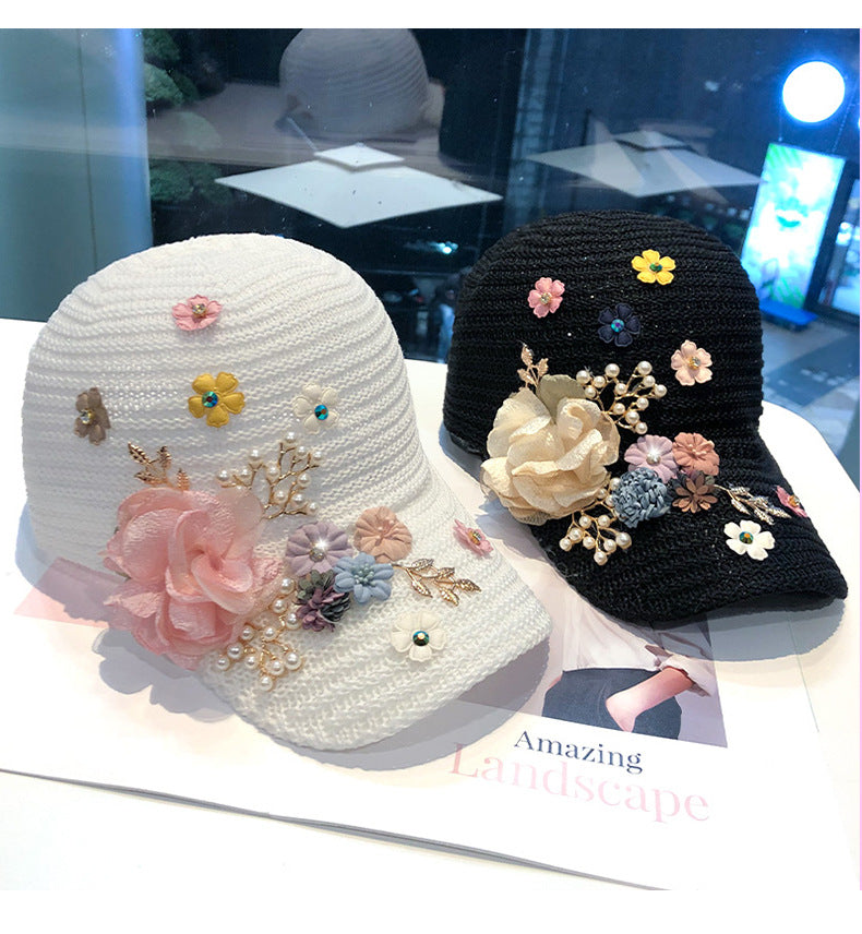 Knitted Flower Rhinestone Baseball Cap Women's Handmade Applique Sunshade