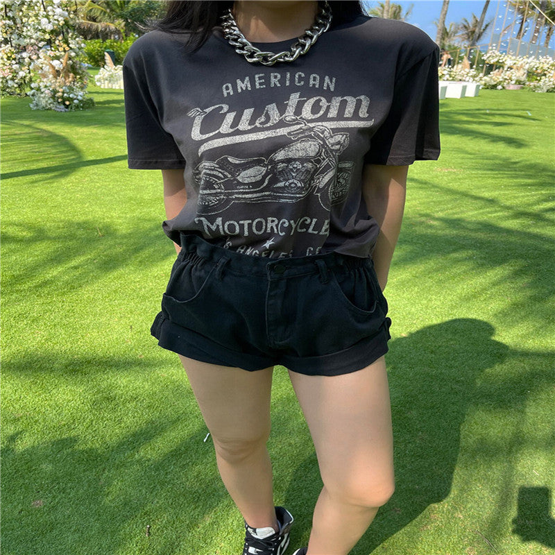 Style Retro Distressed Printed Short-sleeved Women's Round Neck Loose