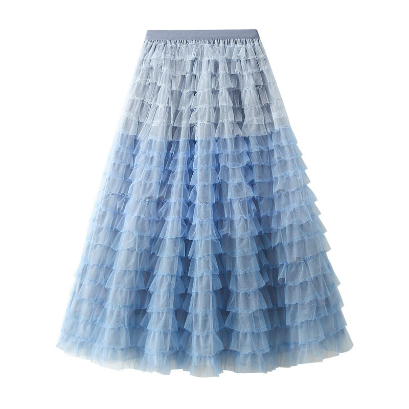 Gradient Color Net Yarn Cake Skirt Multi-level Swing