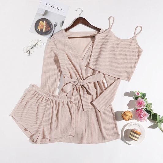 Lady Temperament Casual Solid Color 3-piece Set Suspender Shorts Homewear Suit