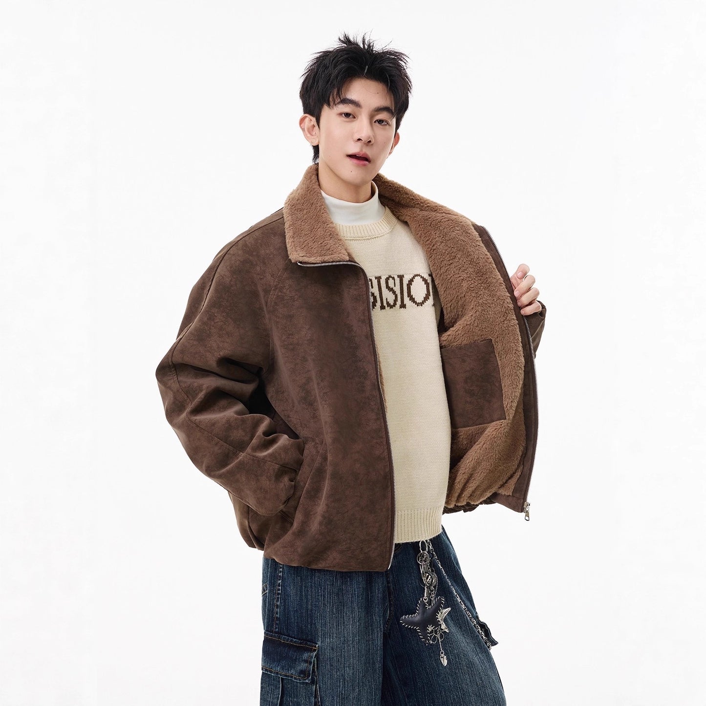 Mens American-style Fleece-lined Cotton Coat With A Lapel Featuring Tie-dye PU Leather And Fur In One And Extra Padding