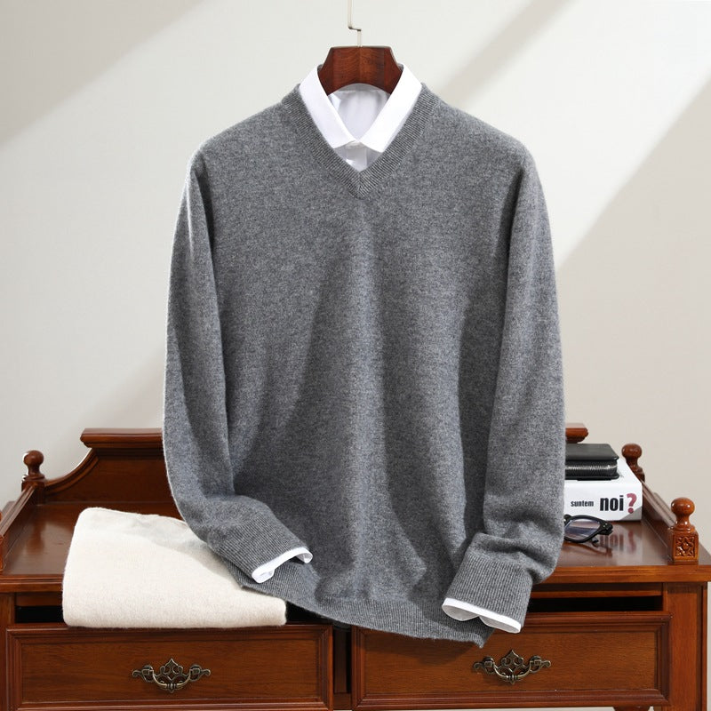 Langærmet strikket basis-sweater i ren cashmere til mænd