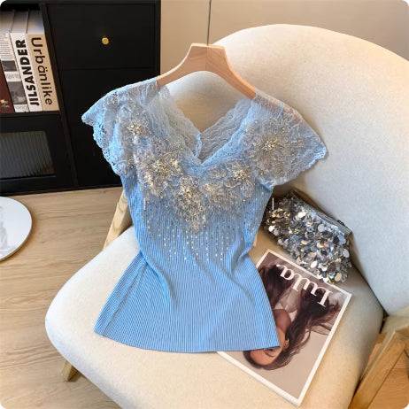 Exquisite Rhinestone Lace V-neck Knitted Women's Flounced Sleeve Top