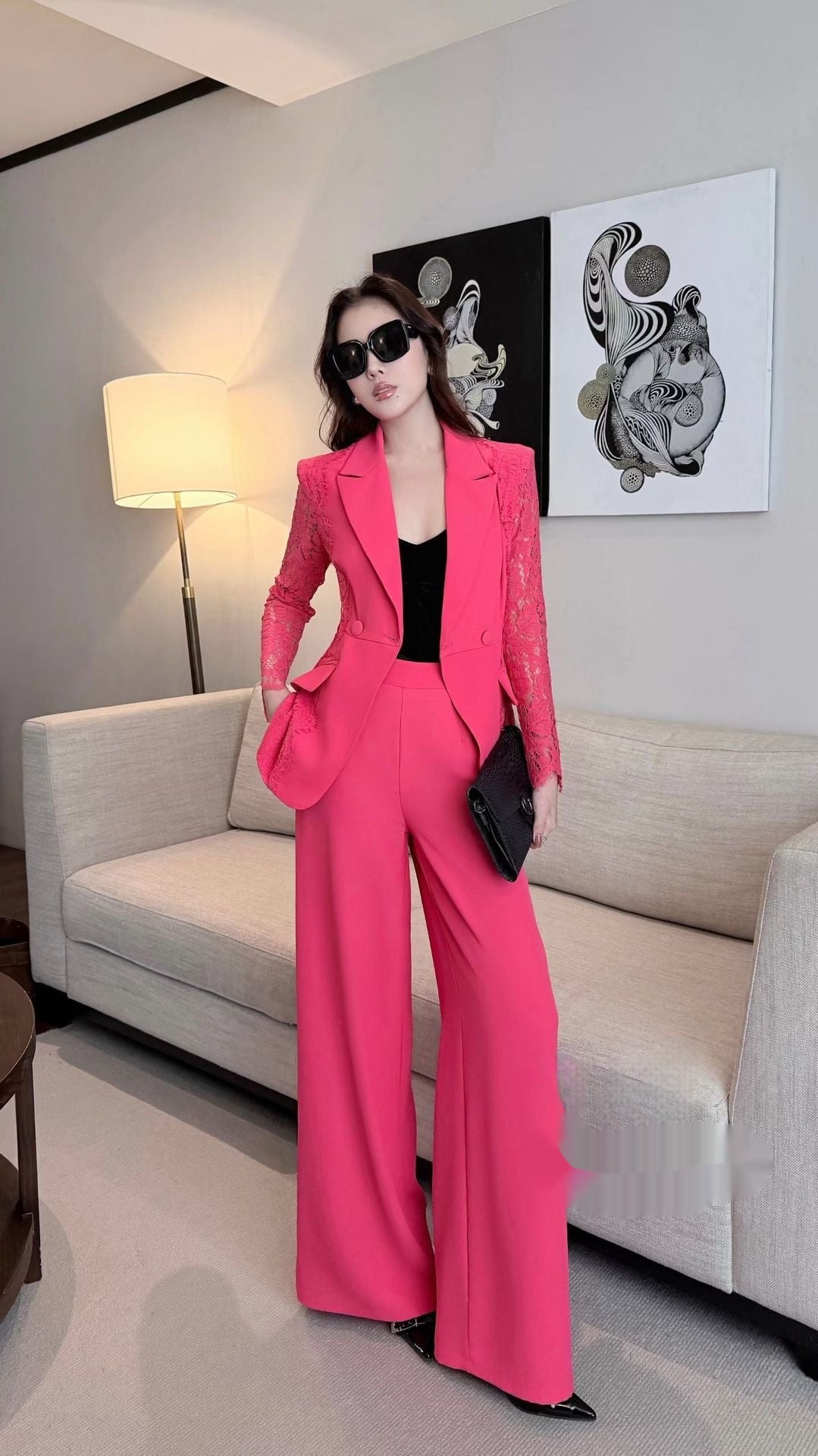 Spring Solid Color Lace Patchwork Suit Set