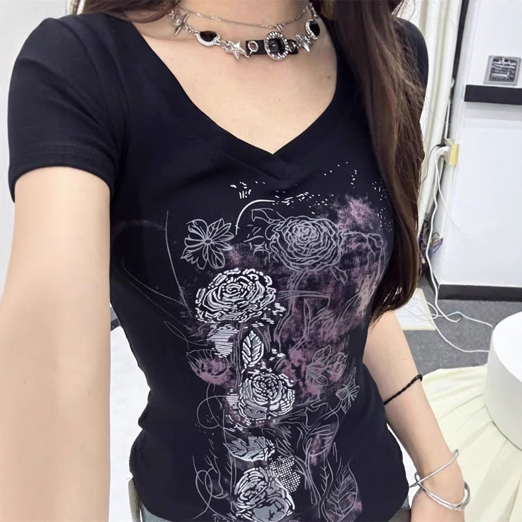 Elegant Retro Black Printed T-Shirt For Women