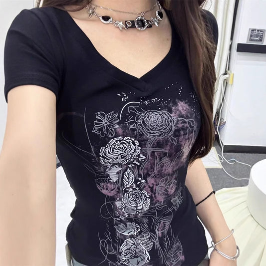 Elegant Retro Black Printed T-Shirt For Women
