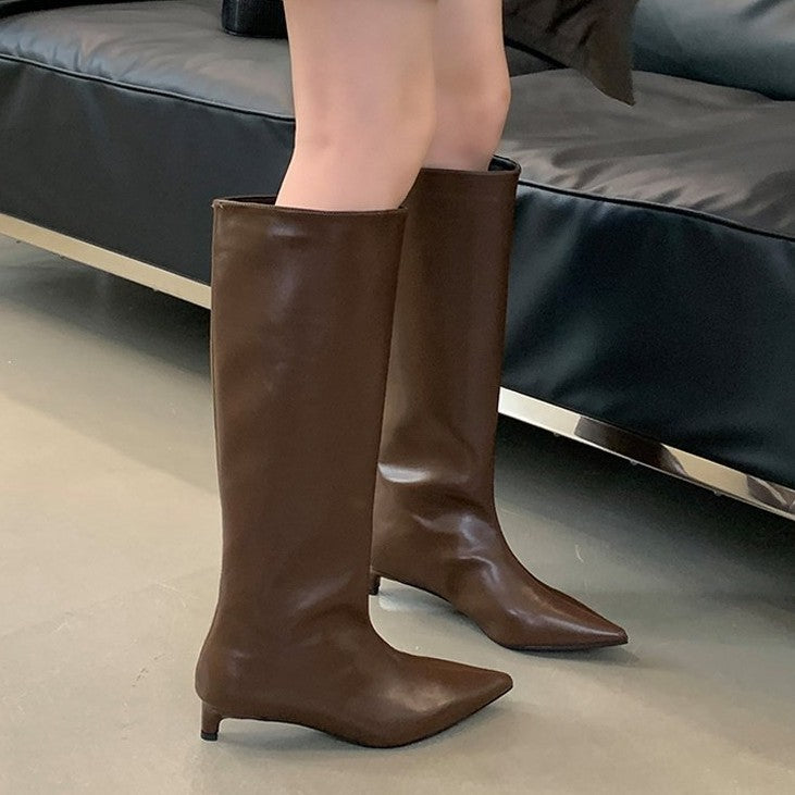 New Fallwinter Pointed-toe Wide-calf, Knee-high Kitten-heel Riding Boots