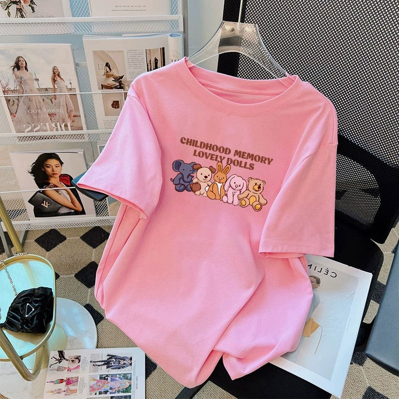 Kortærmet T-shirt i bomuld med tegneserieprint til kvinder
