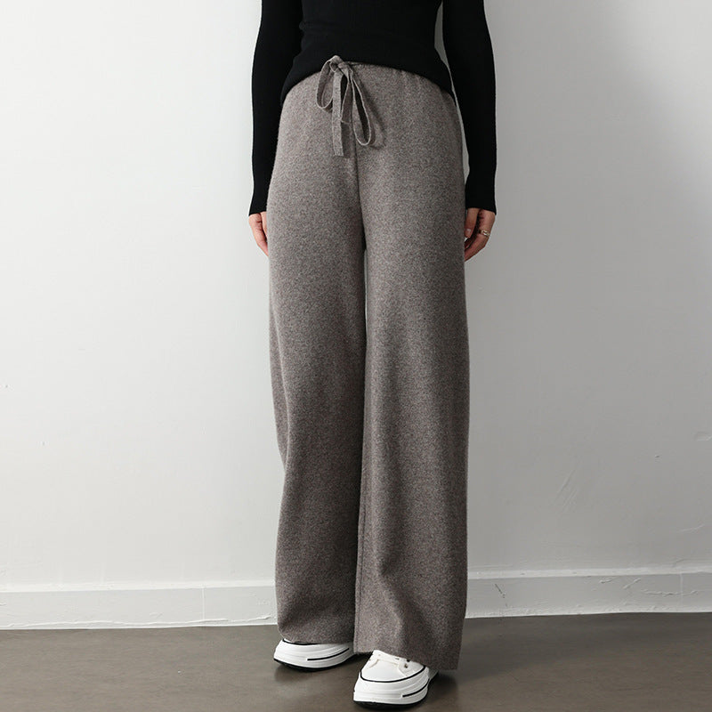 Stretch Elastic Waistband Lace-up Straight Wide-leg Pants