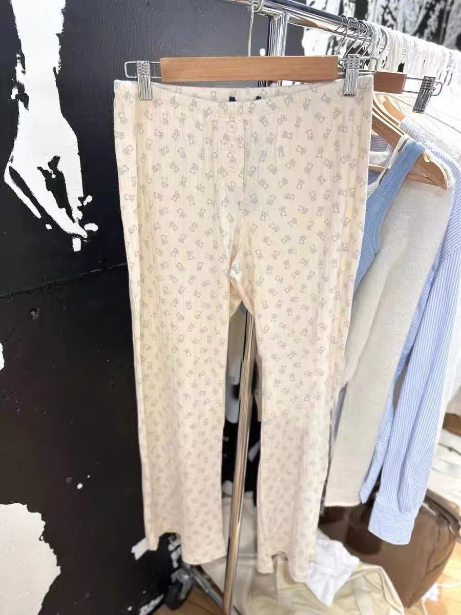 New Elastic Waist Bear Print Loose All-match Home Straight-leg Trousers