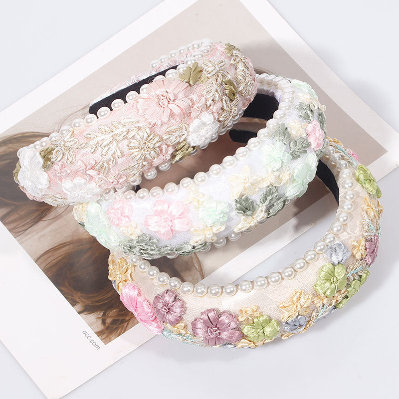 Imitation Pearl Retro Headband Floral Woven Fabric