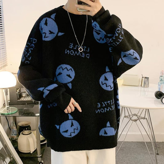 Tegneserie løst strikket afslappet pullover sweater med rund hals til mænd og kvinder