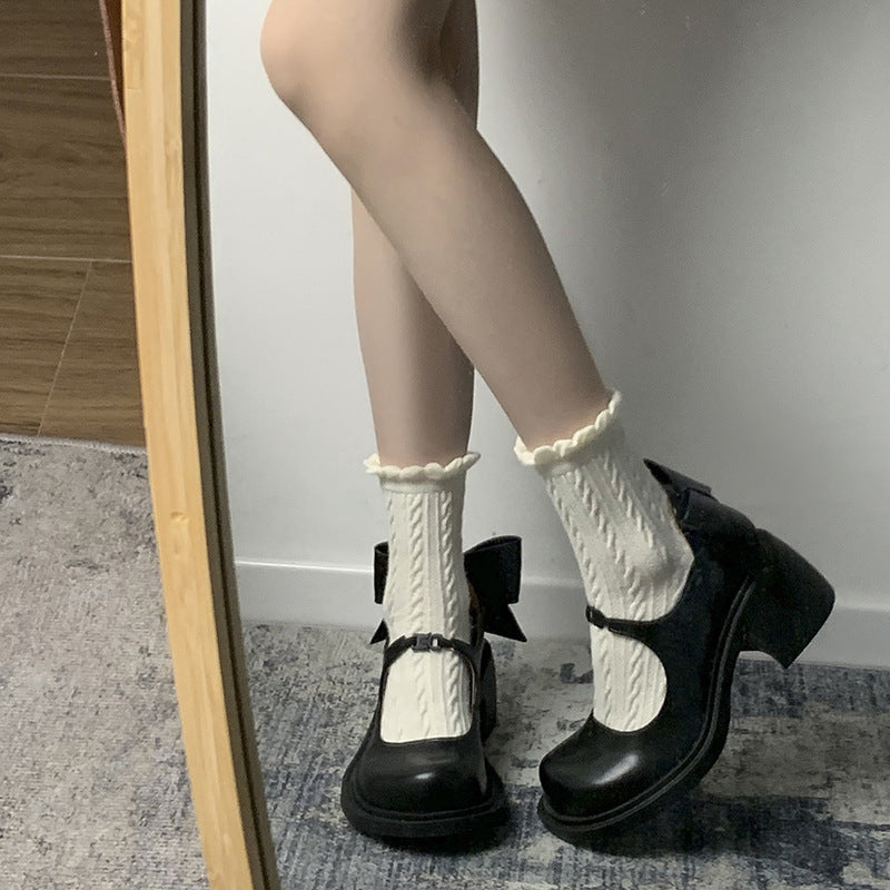 Black Japanese Jk Height Increasing Chunky Heel Leather Shoes For Women