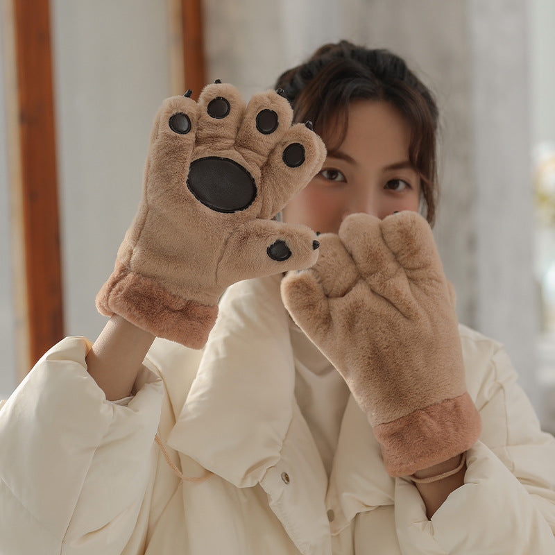 Cute Cartoon Bear Claw Plush Gloves Female Winter Warm Fleece-lined Thickened Hand-shaped Brush Road Bike Skiing