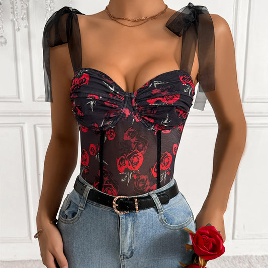 Womens Sexy Floral Printed Underwire Strappy Bodysuit