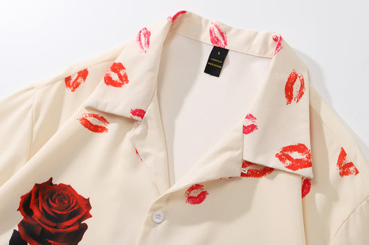 Retro Lip Print Rose Short-sleeved Shirt Men And Women Tide Brand Street Loose Oversize Flower Shirt