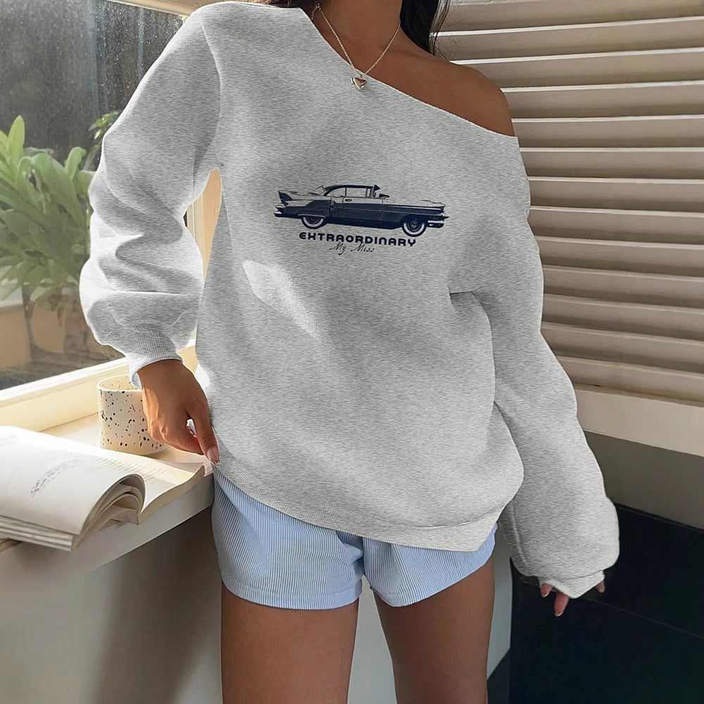 Oblique Shoulder Sweatshirt Women's Retro Print Loose And Versatile