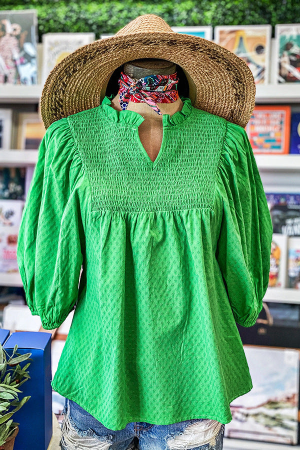 Bell Sleeve Gathers Cotton V-neck Gathers T-shirt