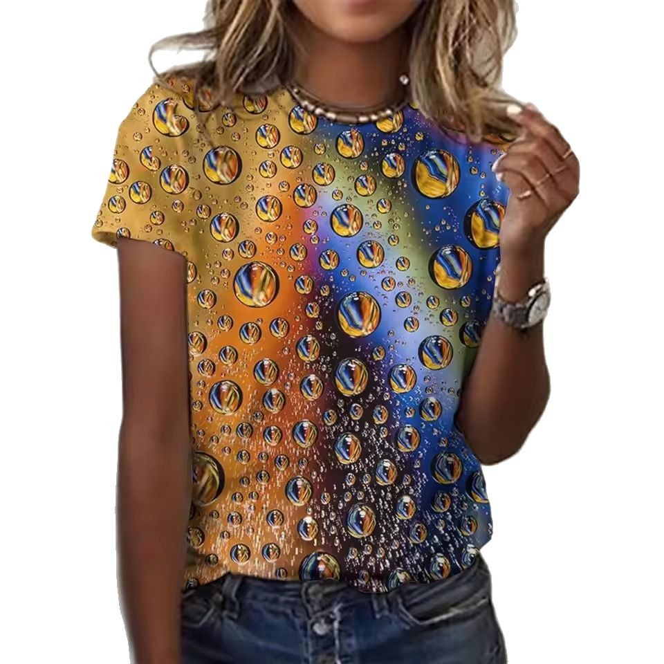 Women's Casual Short-sleeved Round Neck Colorful Water Drop 3D Printed T-shirt