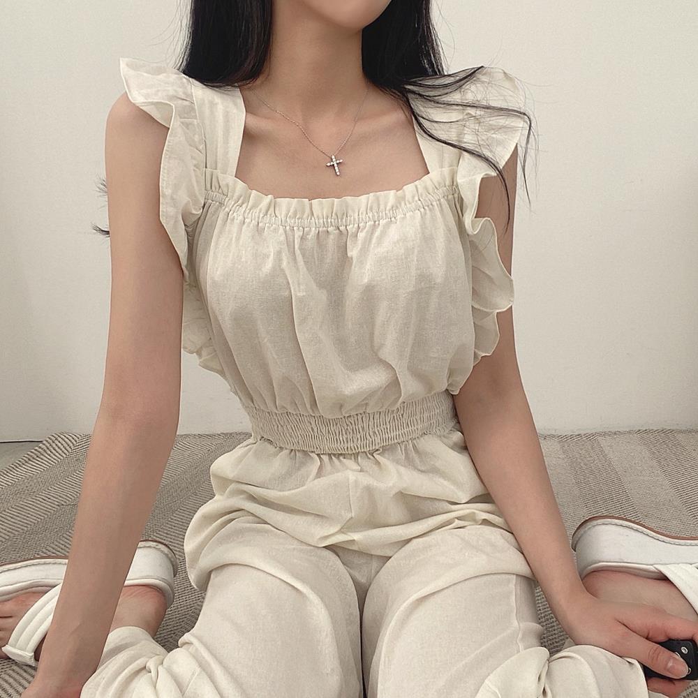 Fransk Retro Jumpsuit Med Firkantet Halsudskæring, Flæser, Flæseærmer, Elastik I Taljen Og Højtaljede Vide Ben Til Kvinder