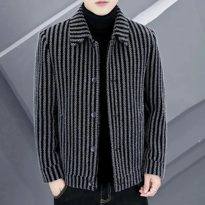 Men's Fleece-lined Thick Stripes Woolen Coat