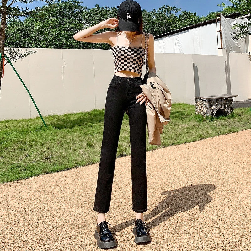 Hvide Jeans Koreansk Stil Højtaljede Stræk Cigaretbukser Små Cropped Straight Bukser
