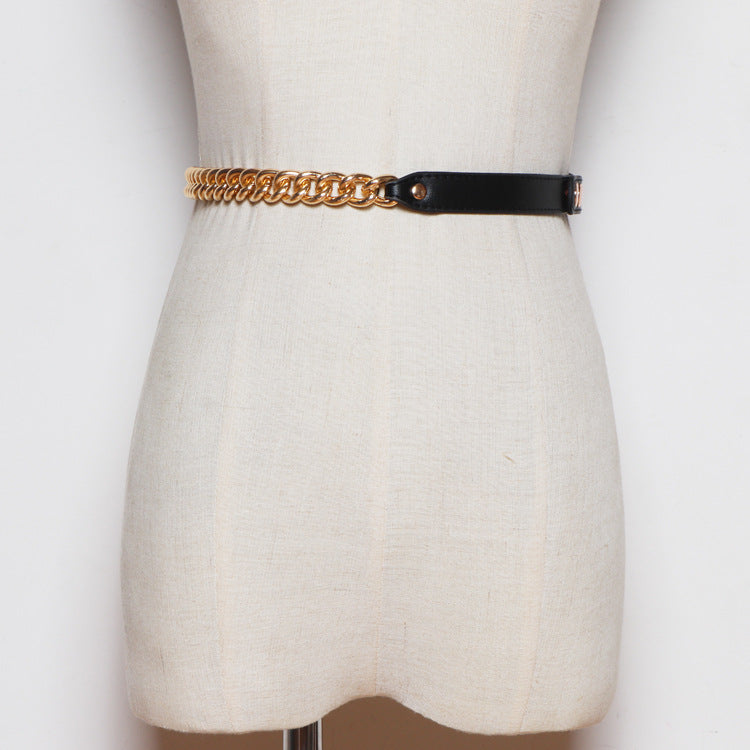 Metal Chain Stitching PU Leather Belt Female Wild Belt Decoration Dress Shirt Waist Chain