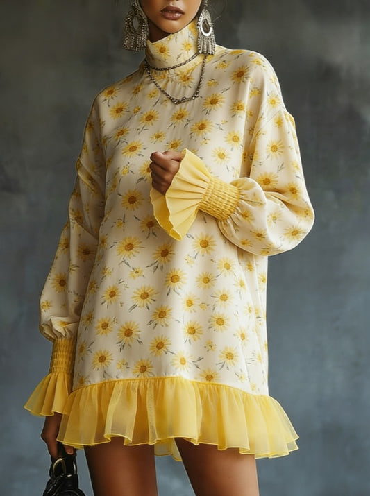 Gentle Style High-neck Dress For Women, Loose Fit, Puff Sleeves, Mesh Paneling, A-line Skirt