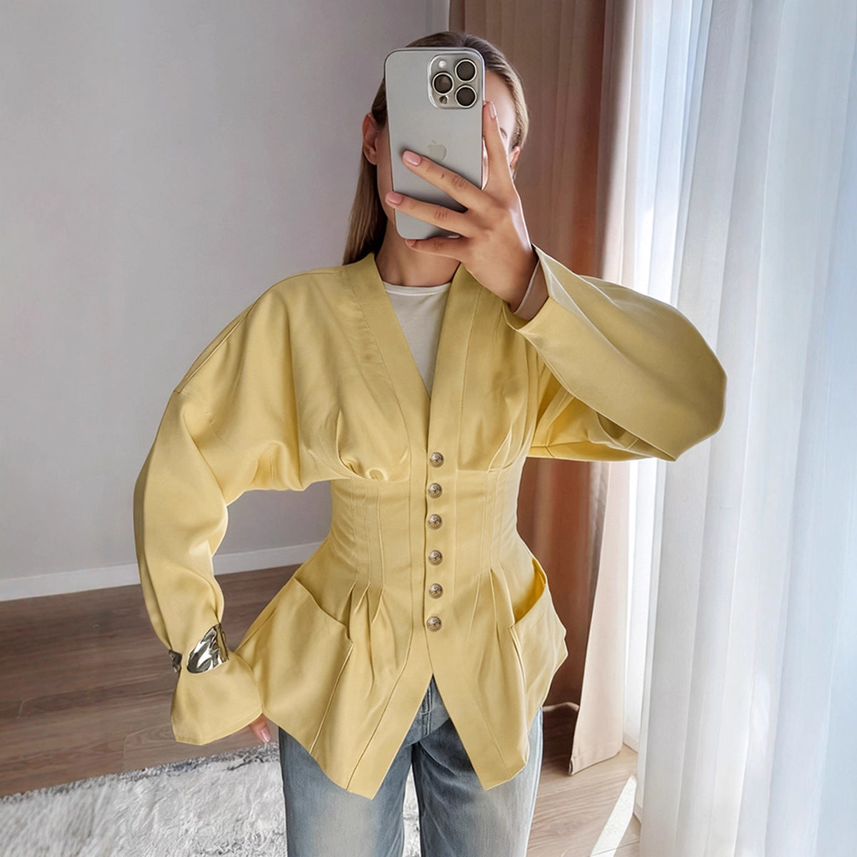 Simple French Waist V-neck Shirt Slim Fit Brown Long Sleeve