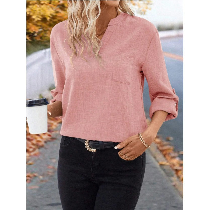 European And American Elegant Fashion Casual Solid Color Cotton Linen Long Sleeve V-neck Top