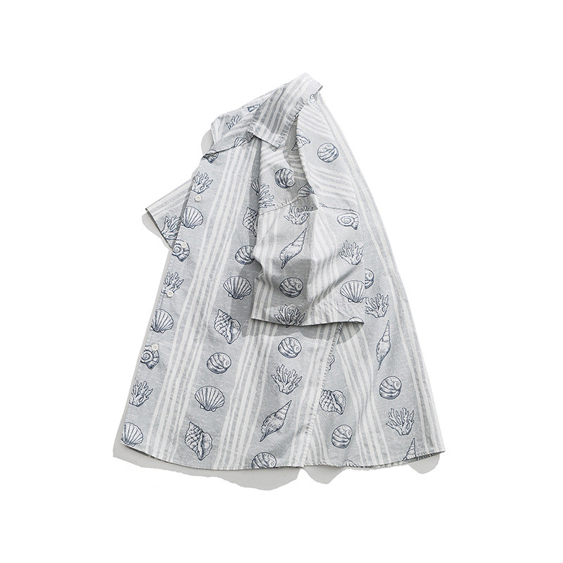 Summer Trendy Loose Shell Printing Lapel Shirt Japanese Leisure