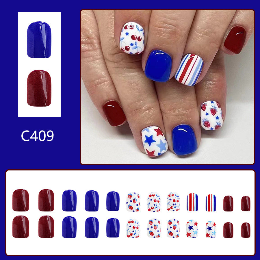 Short Glossy Red And Blue Combined Strawberry Cherry Independence Day Wear Manicure 24 Pieces